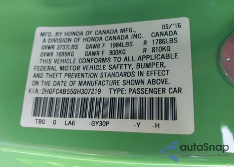 2016 Honda Civic Lx из США, поврежденный, VIN 2HGFC4B55GH307219